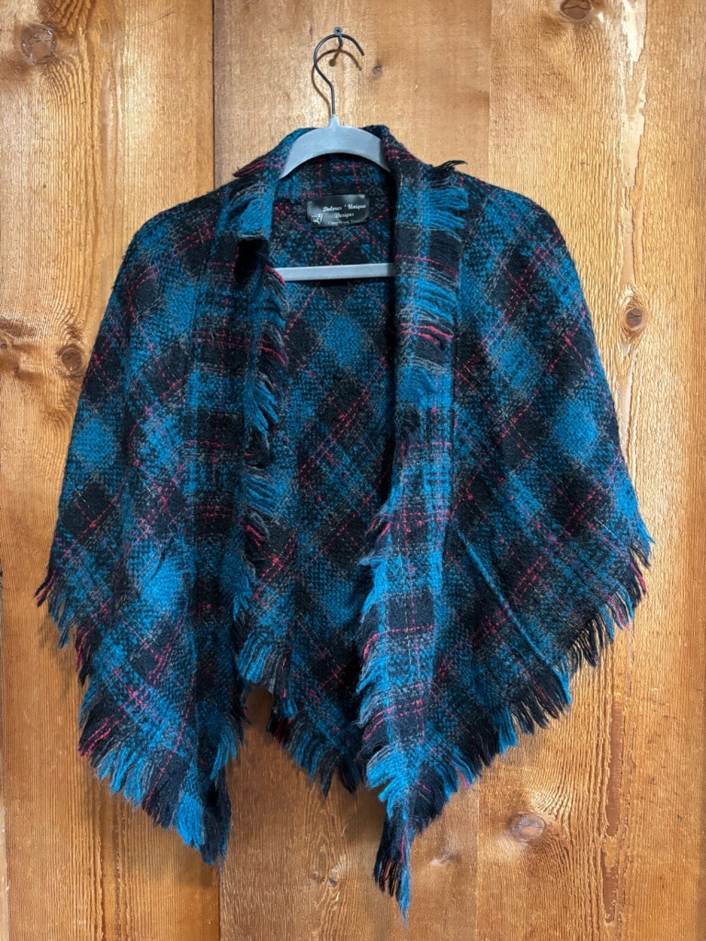 Vintage Dolores' Unique Designs Mohair Wool Plaid Fringe Poncho Shawl Texas Made
